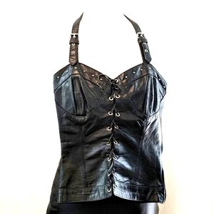 ECHTES LEDER Futter Women's Black Leather Open Back Halter Vest